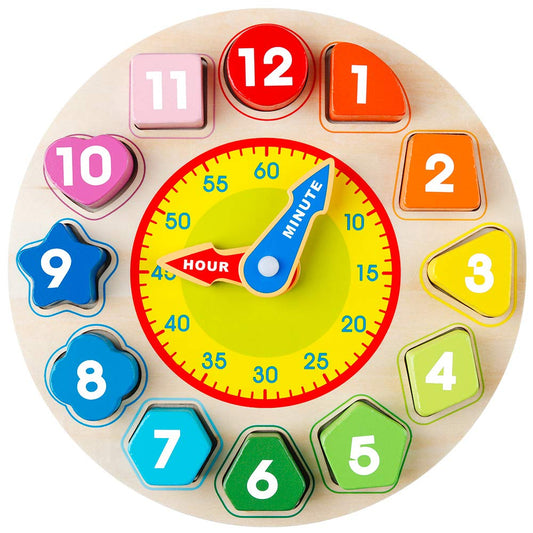 Teaching Time Number Blocks Puzzle Wooden Shape Color Sorting Clock - Zippylo
