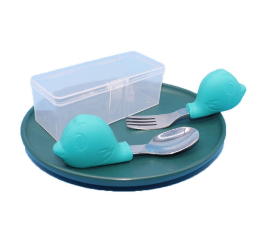 Baby Eating Training Fork Spoon Set Children Cartoon Silicone Short Spoon - Zippylo