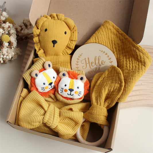 Baby Rabbit Lion Appeasing Towel Socks Saliva Towel Wash Gift Box Newborn Bite Ring Hair Band Set - Zippylo